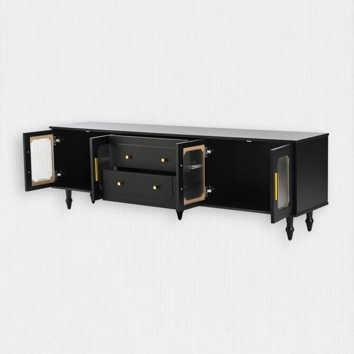 Stylish black tv stand with open doors on a white background