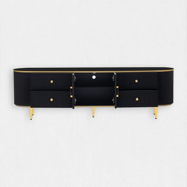 black daima tv cabinet with beautiful golden strip & golden legs for a luxurious look