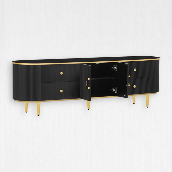 Beautiful black tv unit with golden strip & golden legs for a luxurious look