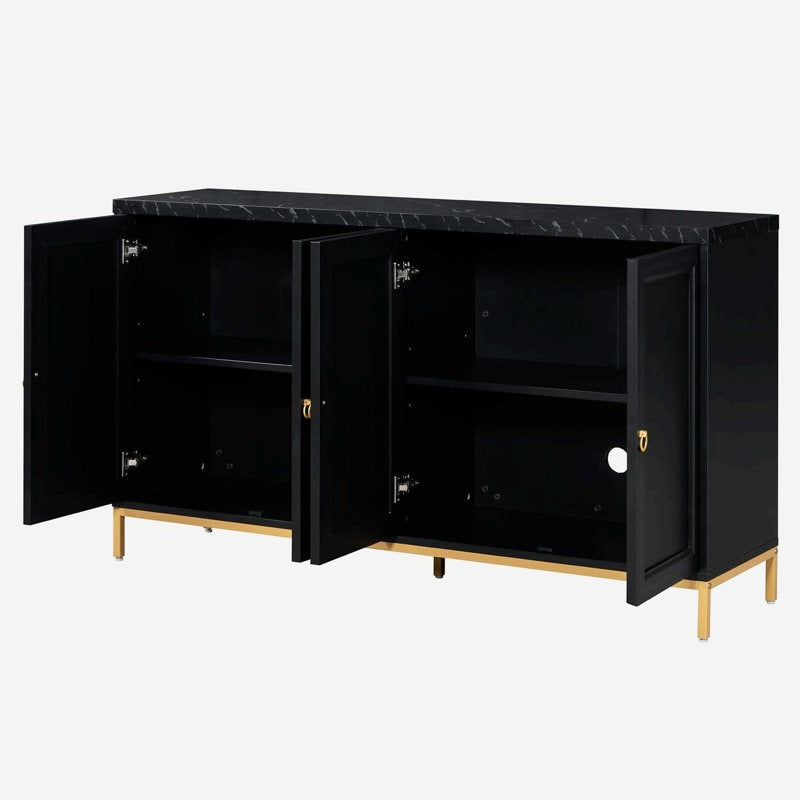 Modern black sideboard with open shutters to show storage space on white background