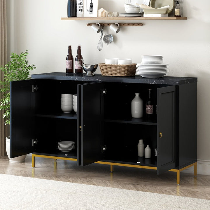 Marble top modern blck sideboard with 4 shutter storage