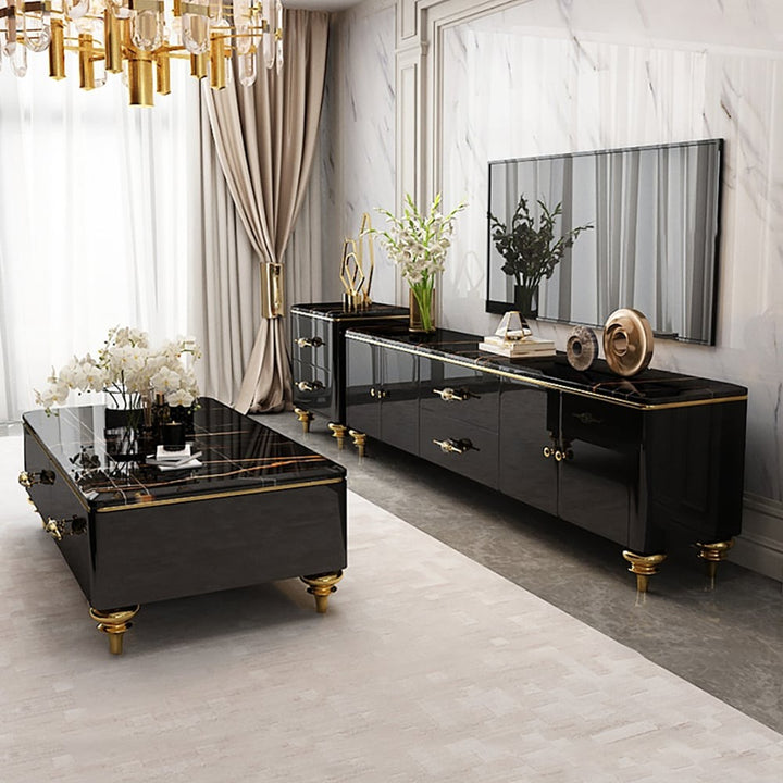 Modern black coffee table with marble top