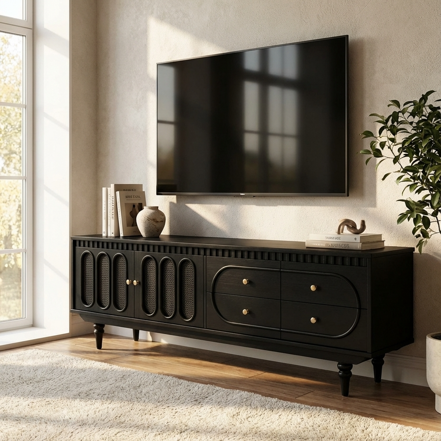 Black entertainment console with TV above in a living room setting