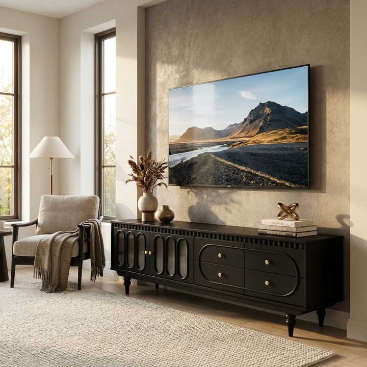 Living room with a black console table and a TV displaying a mountain landscape.