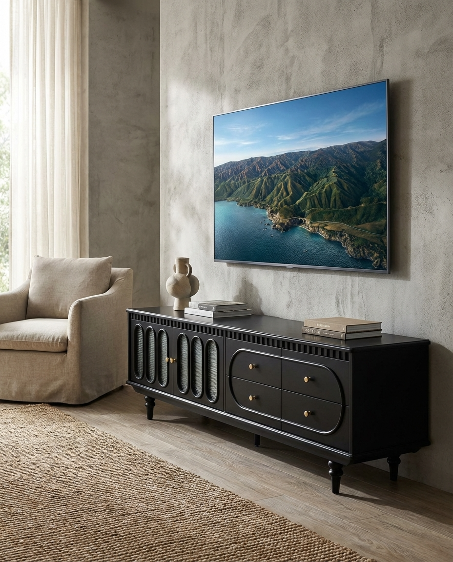 Living room with a black entertainment console and a TV displaying a mountain landscape.