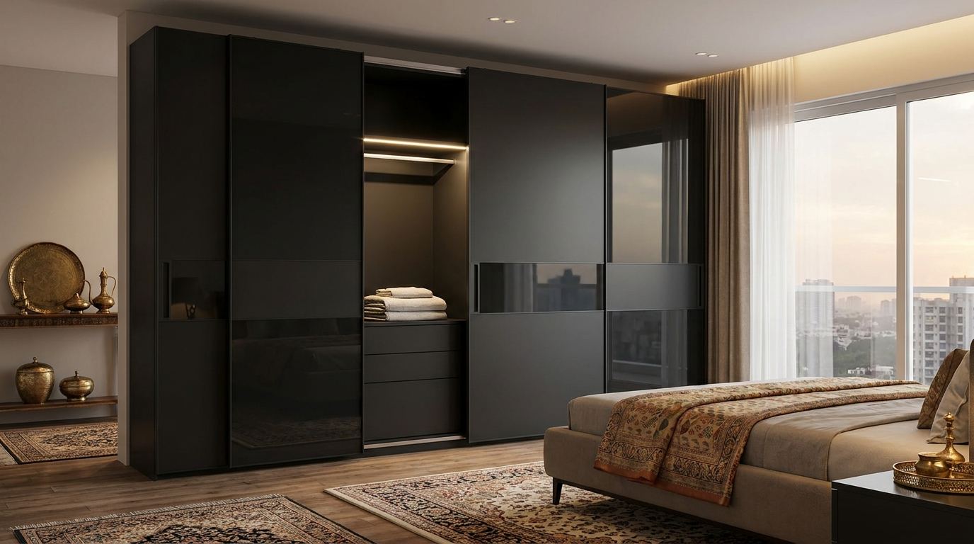 Custom modular black wardrobe in Noida designed for modern bedroom interiors