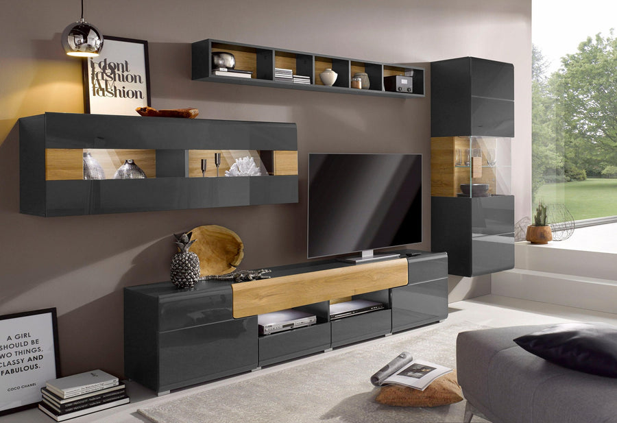 A modern black TV unit set design for living room