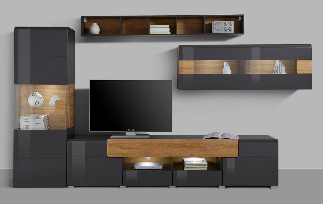 Sleek black tv unit set in high gloss crafted from rubberwood