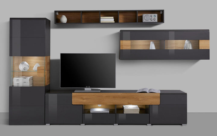 Sleek black tv unit set in high gloss crafted from rubberwood