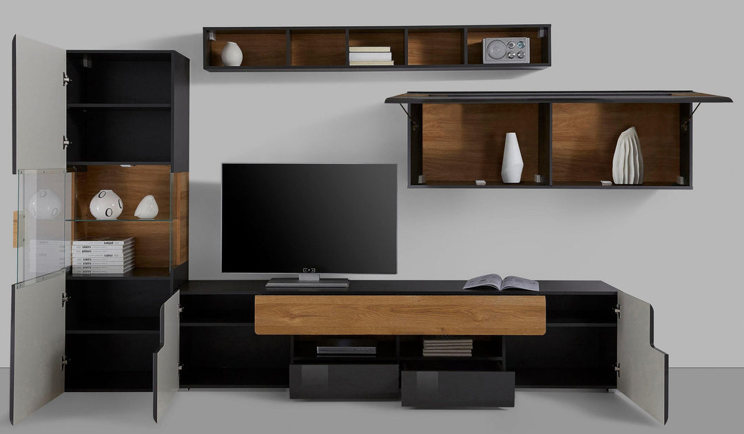 Black elegant tv unit set in high gloss