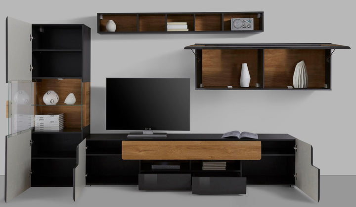 Black elegant tv unit set in high gloss