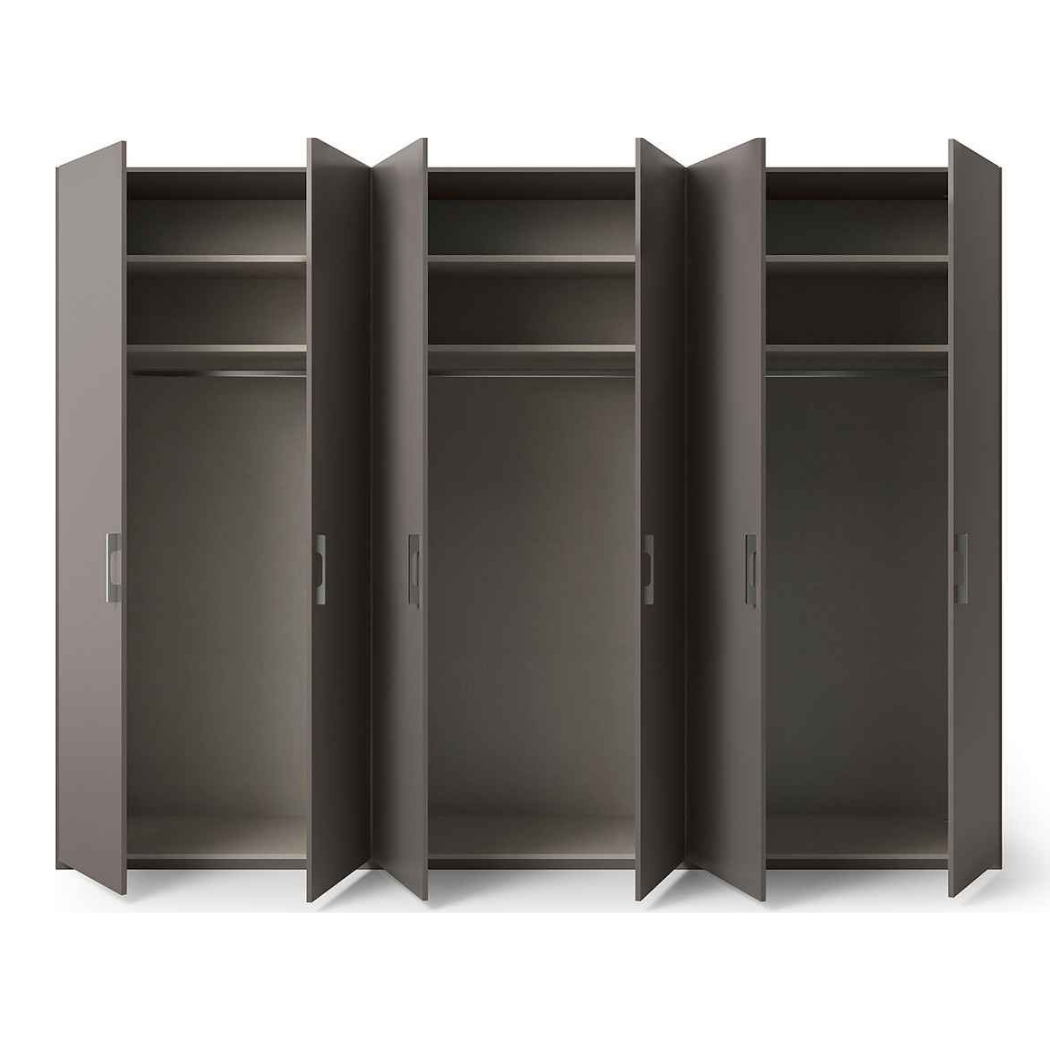 modern black finish 6-door wardrobe with open door to show internal space 