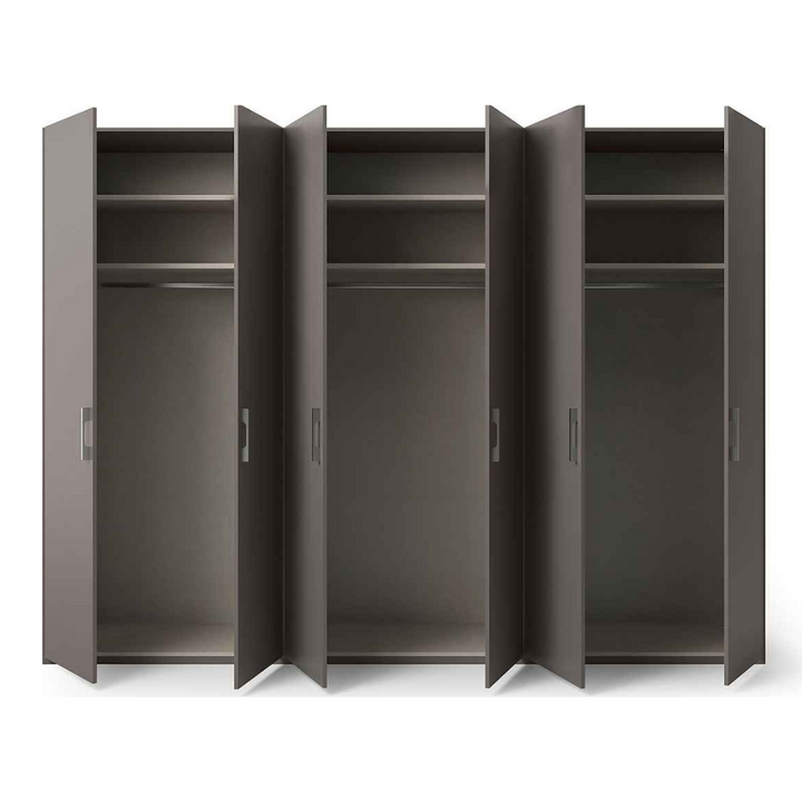 modern black finish 6-door wardrobe with open door to show internal space 