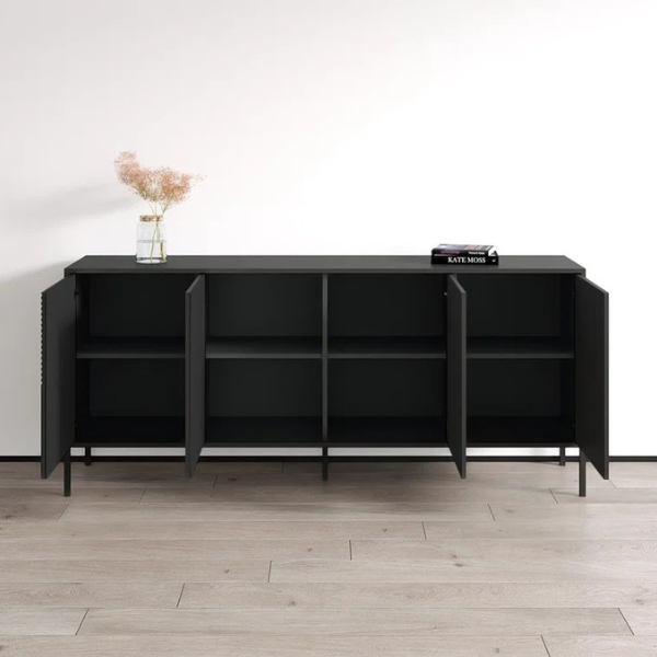 black sideboard with open doors to show inner storage