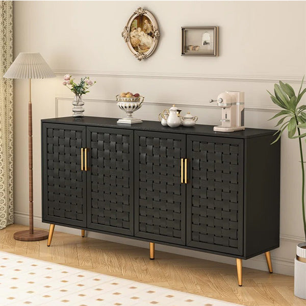 A large black rattan-patterned sideboard and cabinet with golden metal legs, featuring soft-close operable shutters, placed in a room with decor.