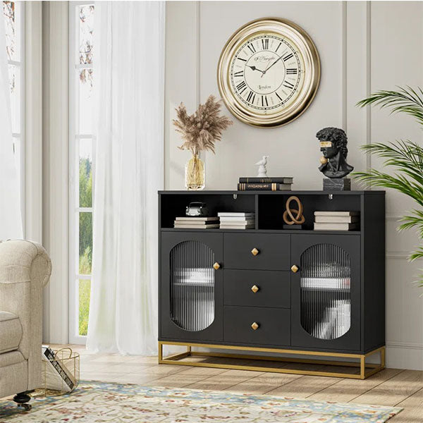 Matte black sideboard with fluted textured doors and minimalist metal legs