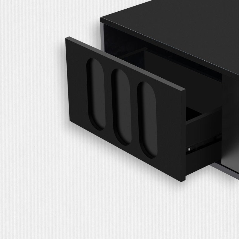 premium black tv stand with open drawers