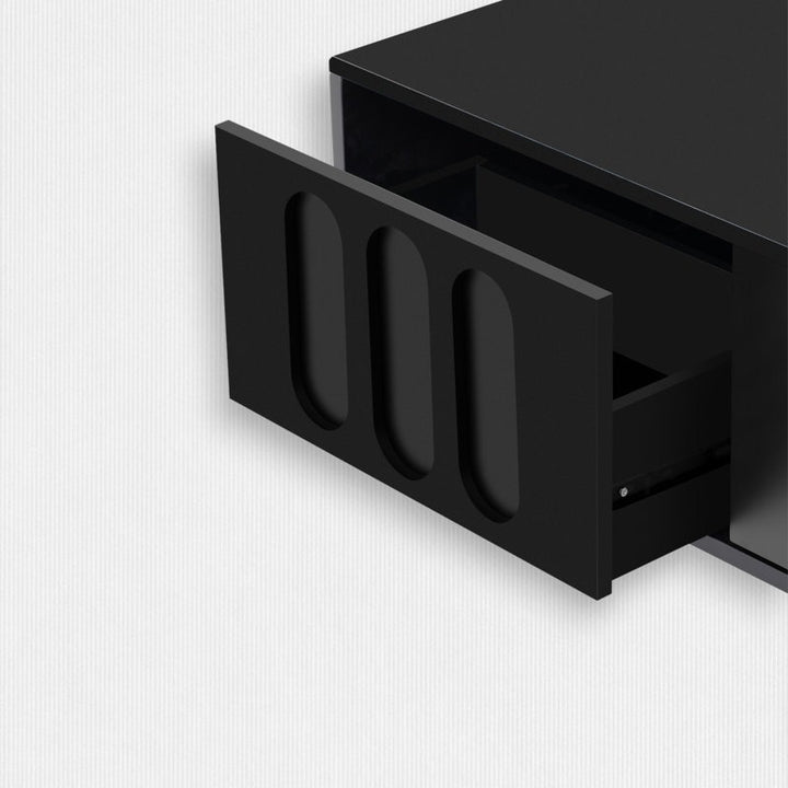 premium black tv stand with open drawers