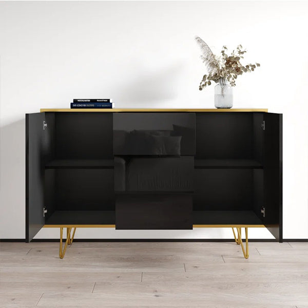 Stylish black cabinet with 2 door and 3 drawers for storage