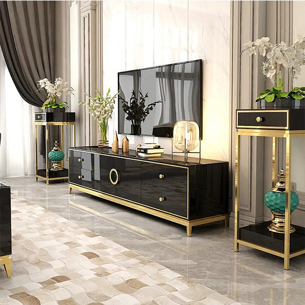 Premium black tv stand in high gloss with gold accent