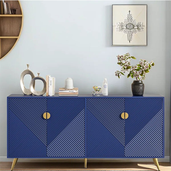 A large blue sideboard and cabinet with geometric patterned doors, featuring golden metal legs and black PU paint.
