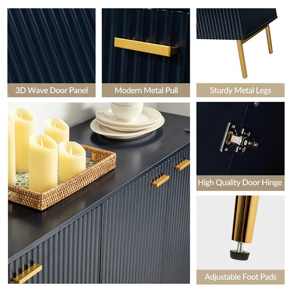 The navy blue sideboard features 3D wave door panel, modern metal pull, sturdy metal legs and adjustable foot pads