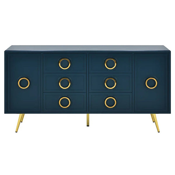 Navy blue Blueberry sideboard with circular ring hardware, flared brass-tone legs and matte PU finish styled in a modern interior.
