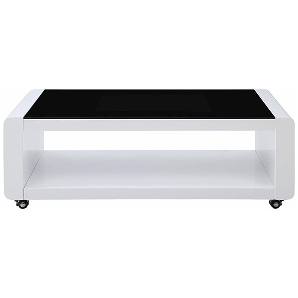 Modern white coffee table with acrylic legs placed on white background