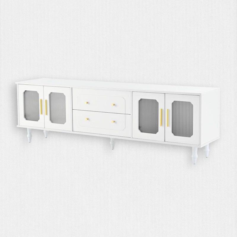modern white tv unit with fluted doors and golden handles