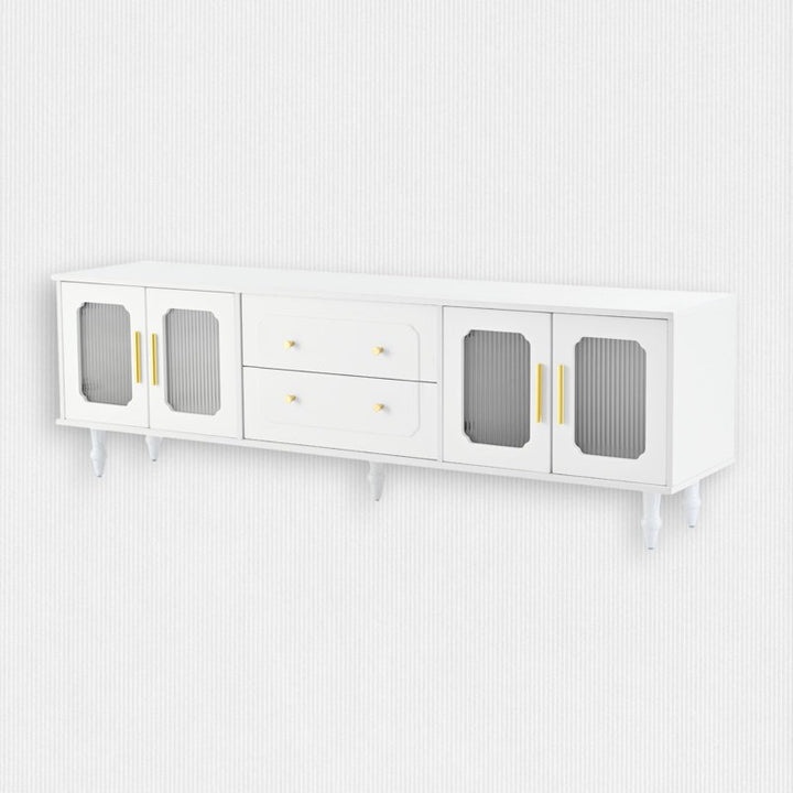 modern white tv unit with fluted doors and golden handles