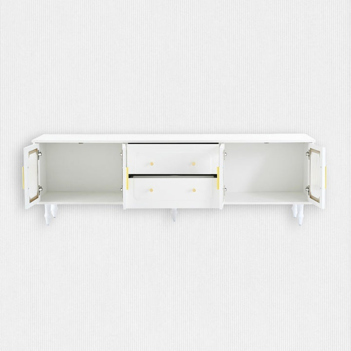 White PU finish tv unit with open fluted glass doors