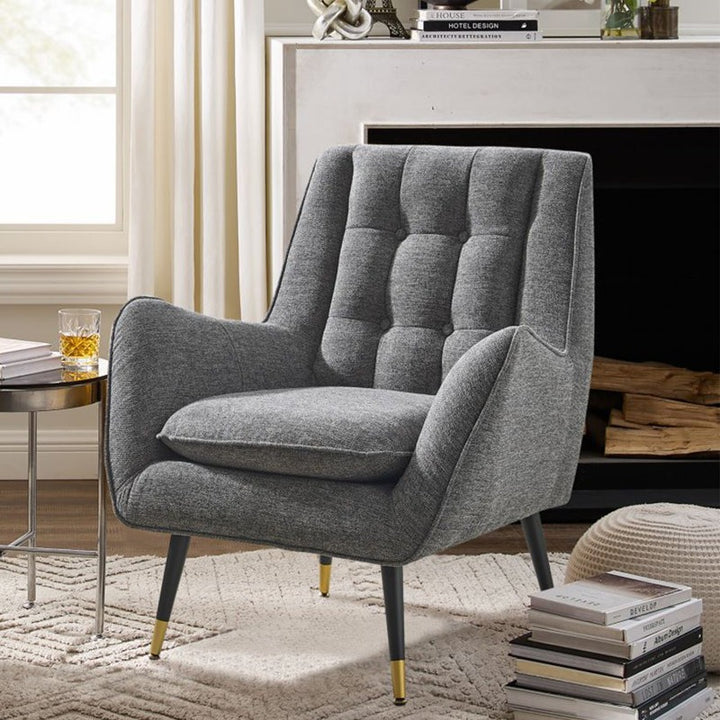 side close up view of grey lounge chair