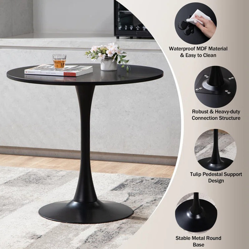 Black table with mdf round tabletop, robust structure, tulip pedestal design for small space