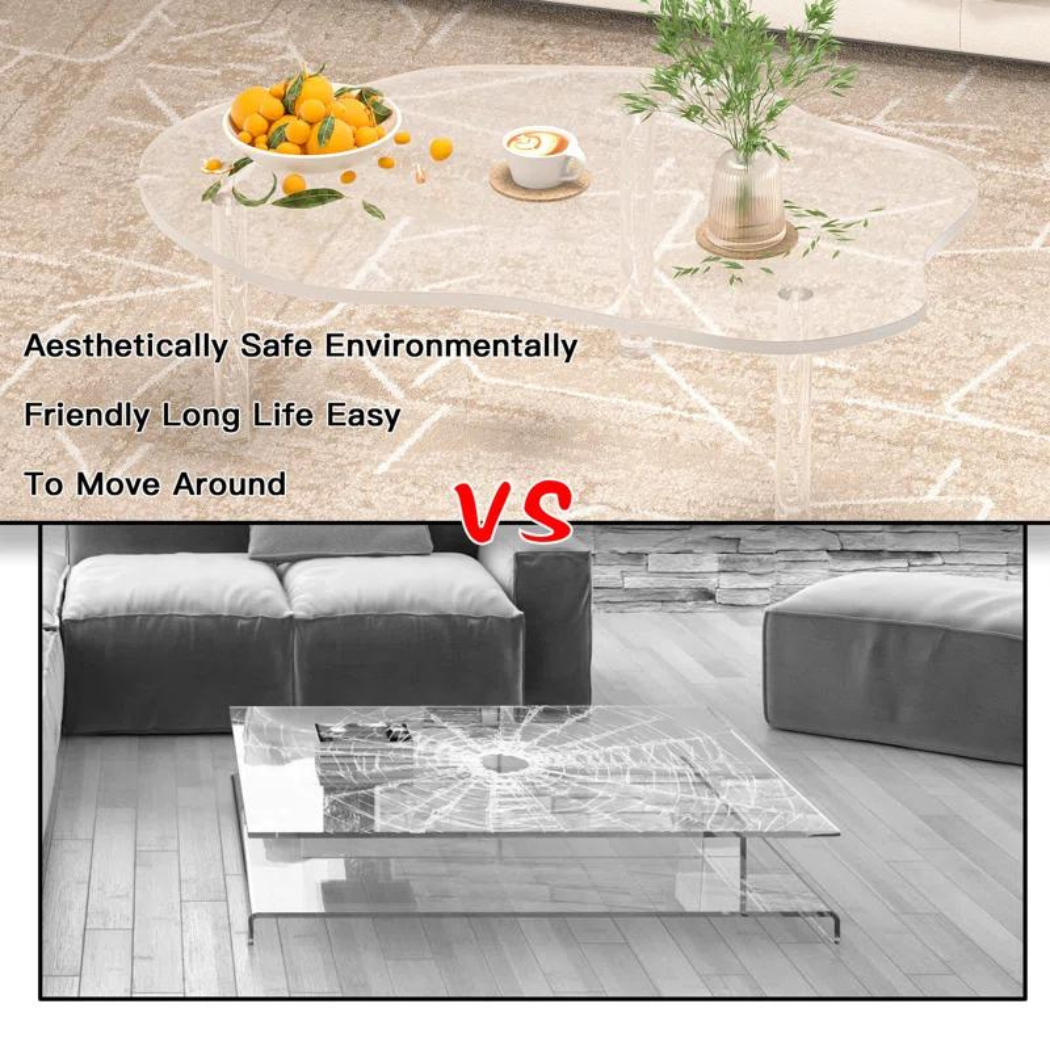 Comparison image of Echo clear acrylic coffee table with bubble legs vs traditional heavy glass coffee table. The acrylic table is described as aesthetically safe, eco-friendly, durable, and easy to move."