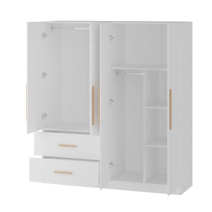 Clean-lined storage layout inside wardrobe with organized compartments, two oval hanging rods, and smooth-glide drawers