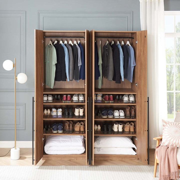 Open Denco 4-door wardrobe displaying ten divided compartments and oval hanging rods.