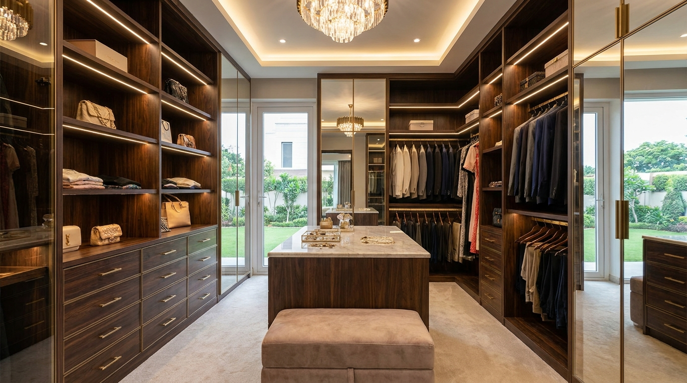Walk-in wardrobe design for luxury villa in Gurugram