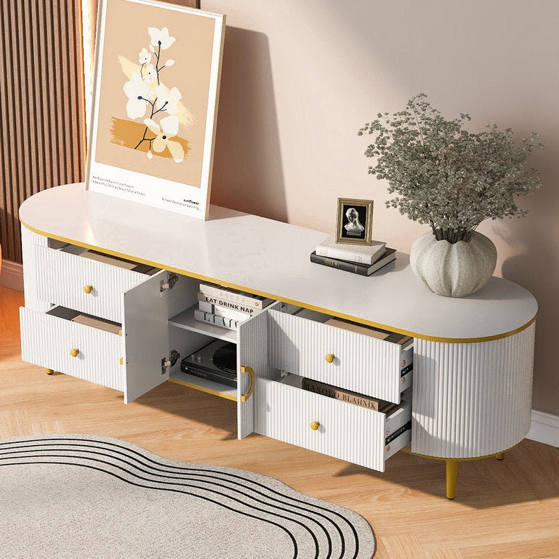 white tv stand with open drawer and open shelves to show storage
