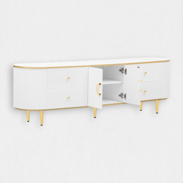 white tv unit with golden legs in white background