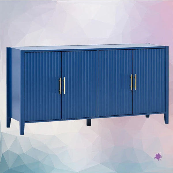 Modern blue sideboard cabinet with gold handles in a white background
