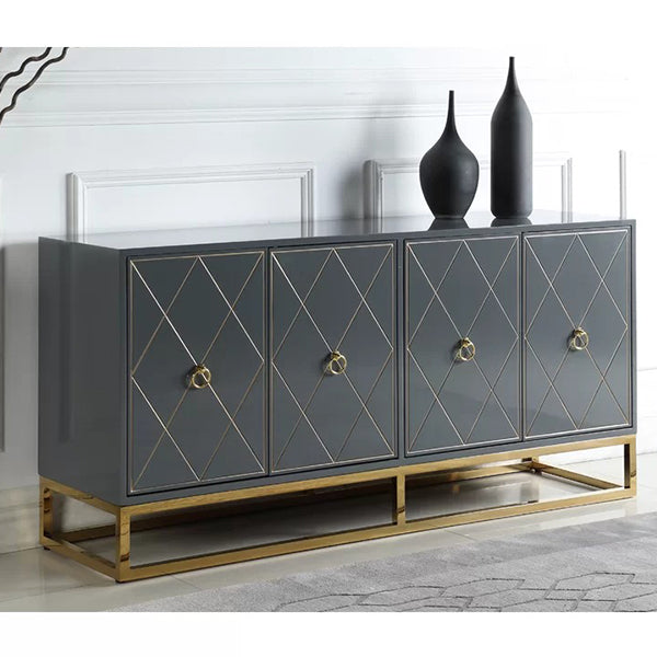 A contemporary grey sideboard with golden legs, featuring an open shelf design and closed shutters.
