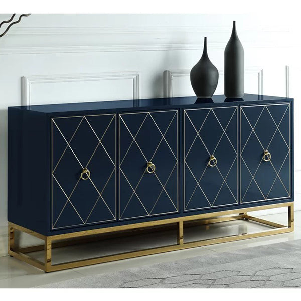A navy blue sideboard with gold-colored metal legs, featuring geometric patterns on the front and open shelves in the back.