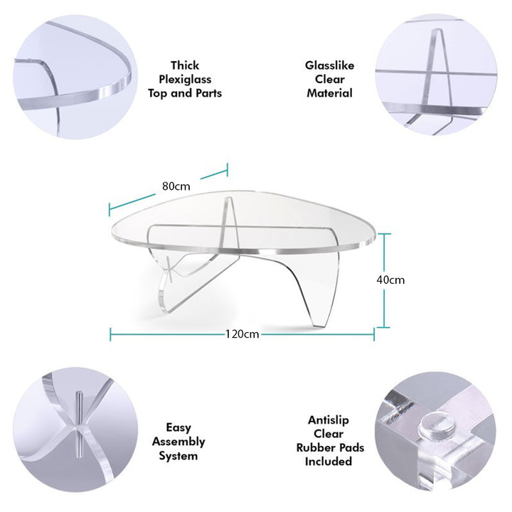 Aurora clear acrylic coffee table with thick plexiglass construction, 120x80x40 cm dimensions, easy assembly system, and anti-slip rubber pads for stability.