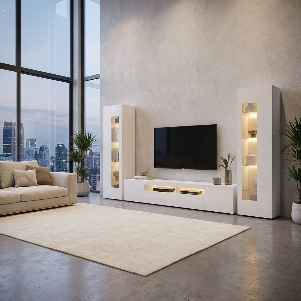 Modern living room with white entertainment center, sofa, and cityscape view.