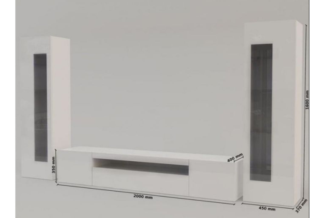 modern white 3-piece tv unit set with dimension on grey background