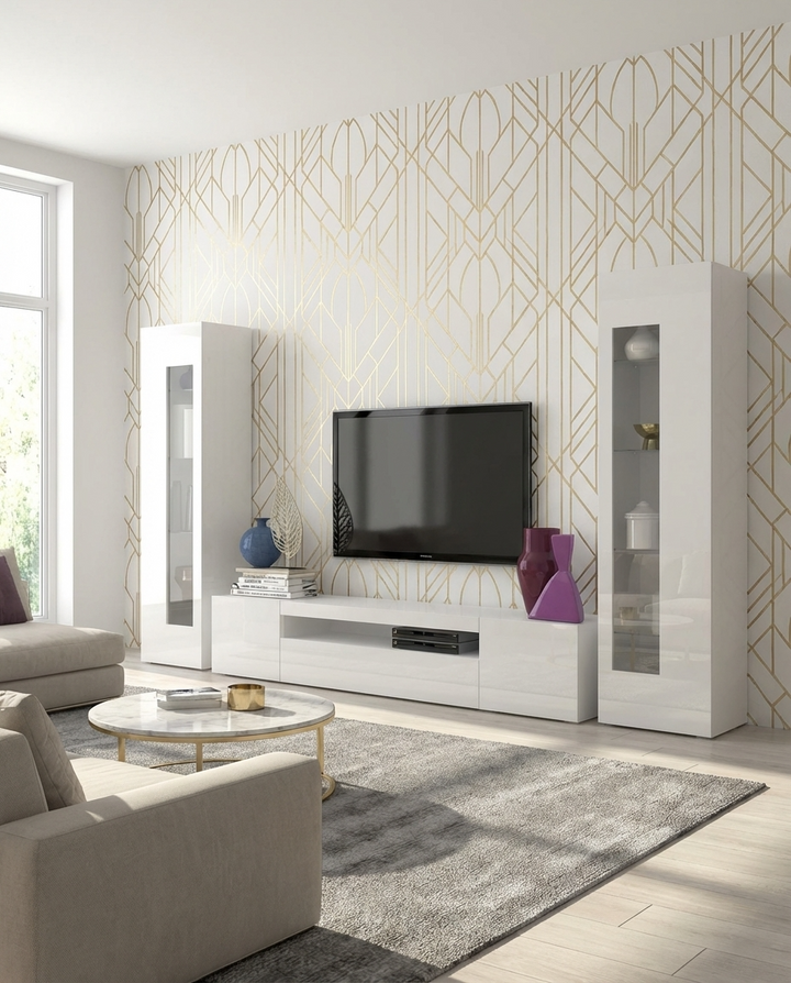 Modern living room with matte white entertainment unit, TV, and decorative items against a geometric wallpaper.
