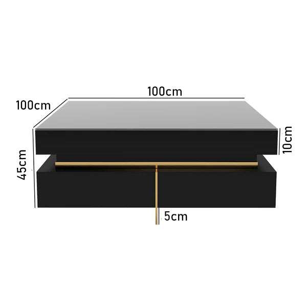 Spacious Nadu black coffee table, 100 × 100 × 45 cm, featuring durable MDF construction, glossy finish, and gold leg supports.