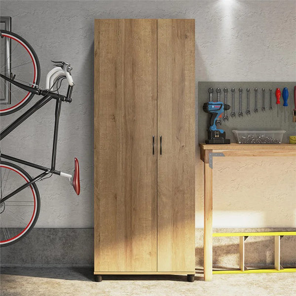 A beige two-door wardrobe with silver metal handles is featured in a home setting.