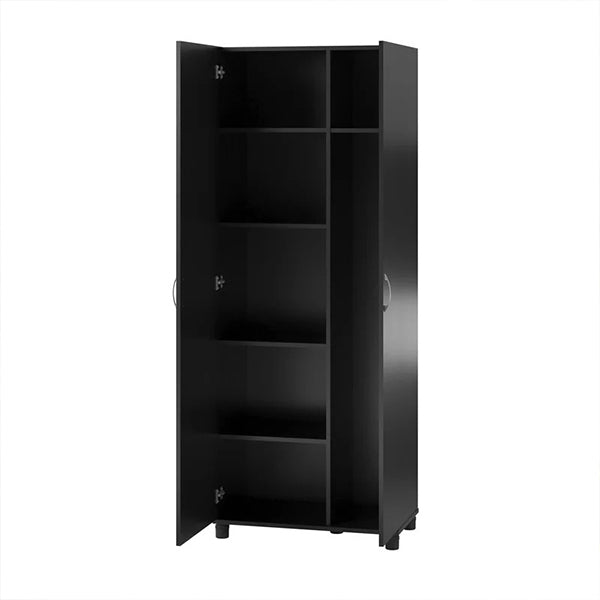 Sleek black wardrobe with shelves for storage on a white background