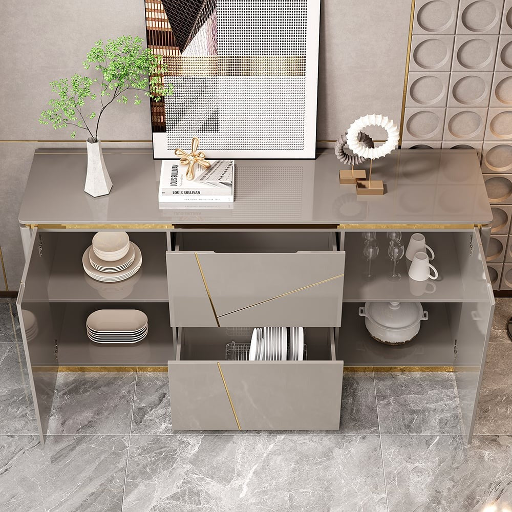 Vint Sideboard in grey, small size, shown with both cabinet doors and drawers open to display inner storage compartments and shelving